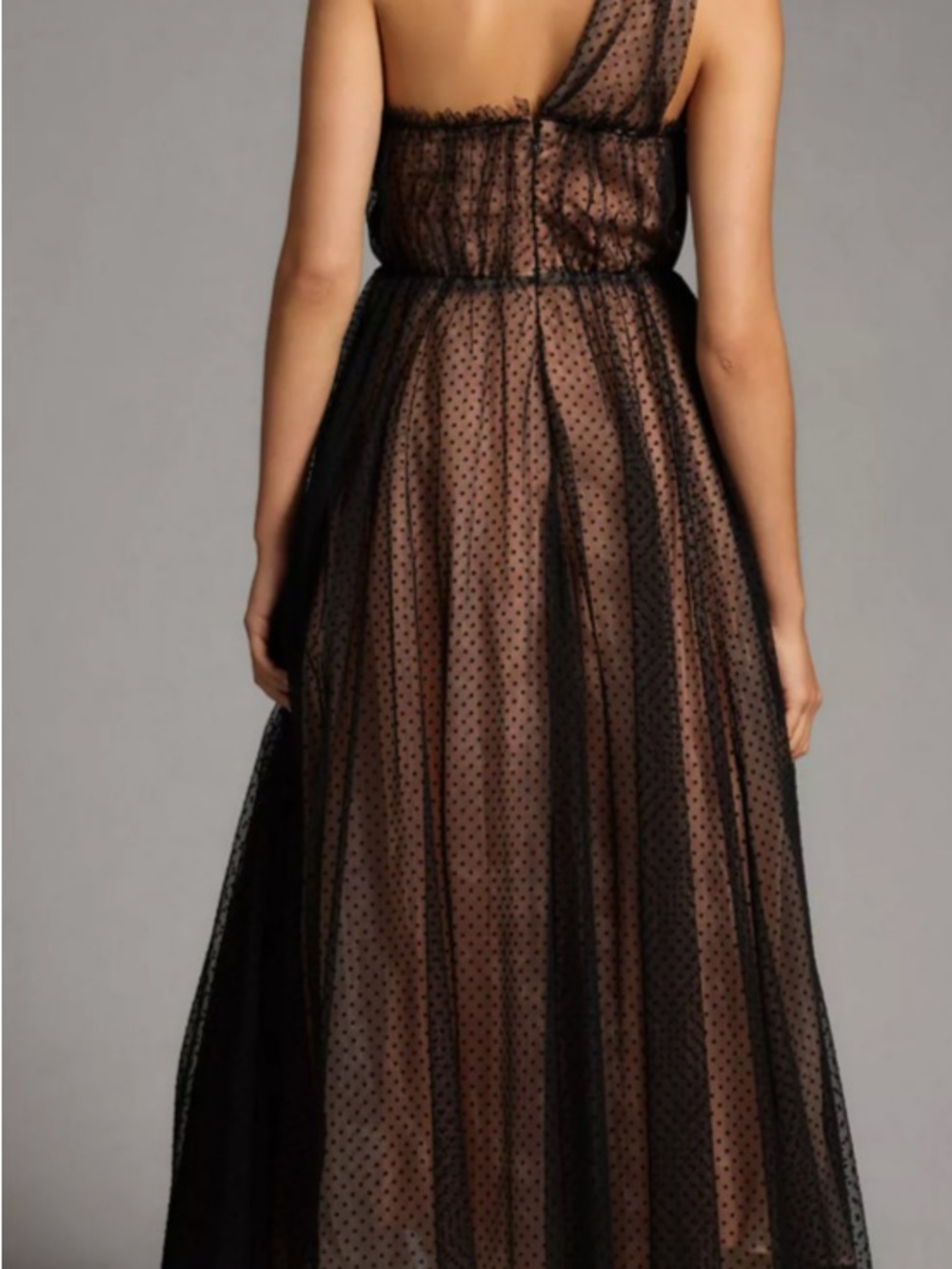 Anthropologie Black Polka Dot One-Shoulder Tulle Dress with Nude Lining - Picture 2 of 7